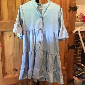 Girls' Light Blue Tiered Casual Dress with Ruffle Sleeves